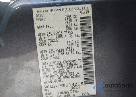 2019 Nissan Murano Sv from USA, damaged, VIN 5N1AZ2MS5KN113218